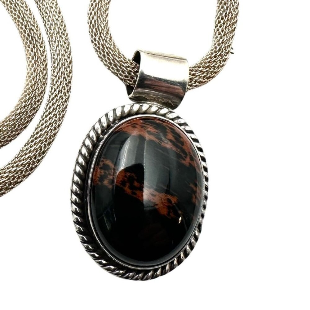 Vintage taxco Mexico Mohagany Jasper Sterling Pendant Necklace 17 Inch 30 Grams